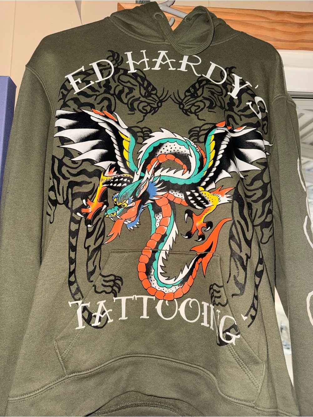 Ed Hardy Olive Green Pullover Hoodie with Logo Tag